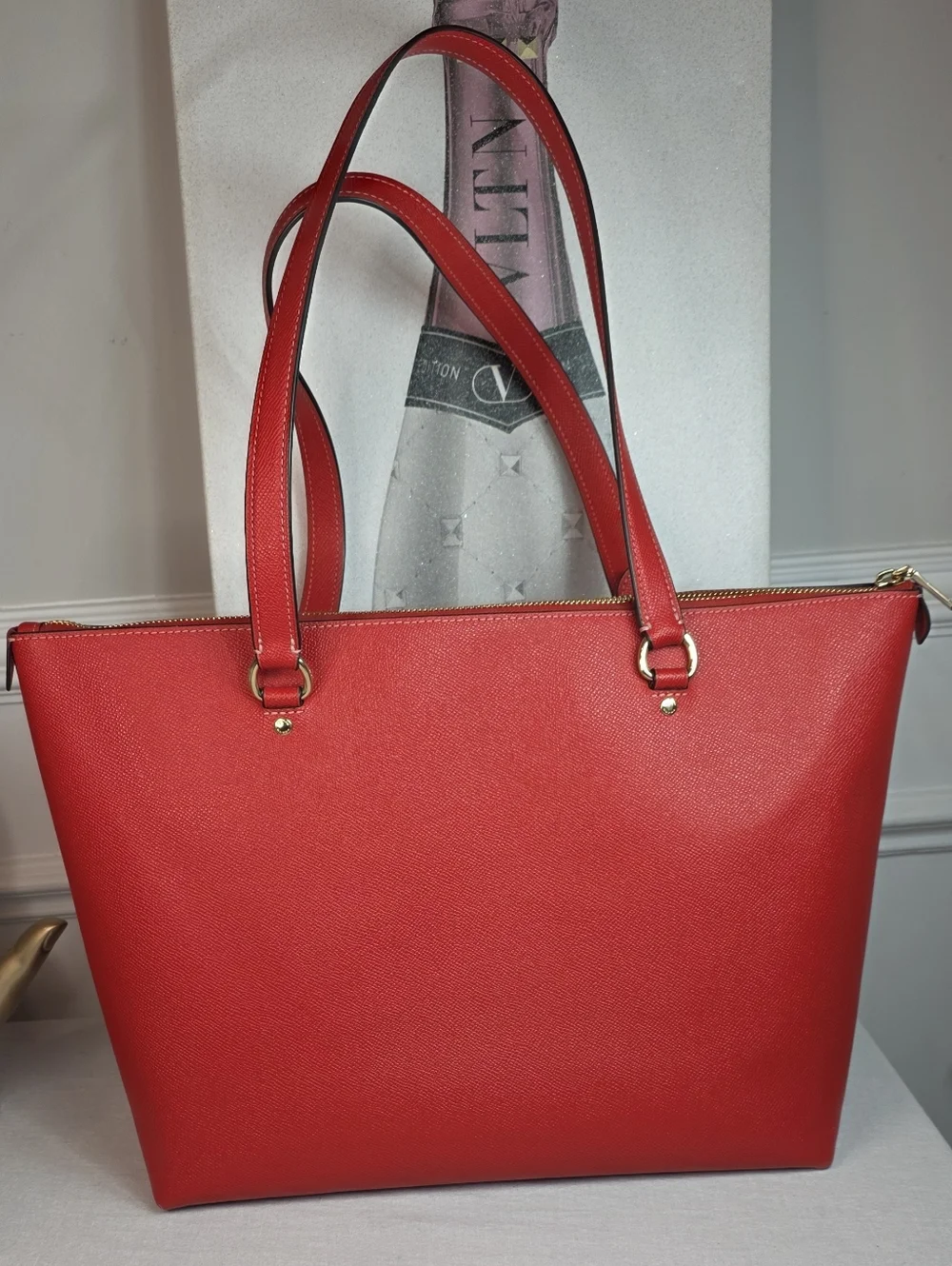 Coach Red Leather Tote Bag with Front Zip Pocket